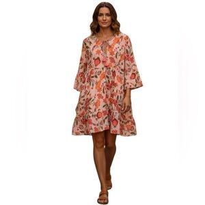 JOHNNY WAS WORKSHOP Floral Dress Peach Orange Pink Teal Embroidered Details C15